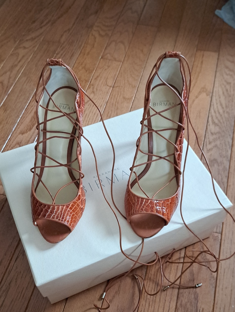 New With Tag Alexandre Birman Cognac Croc-Embossed Lace-Up Peep-Toe Heels, 37.5